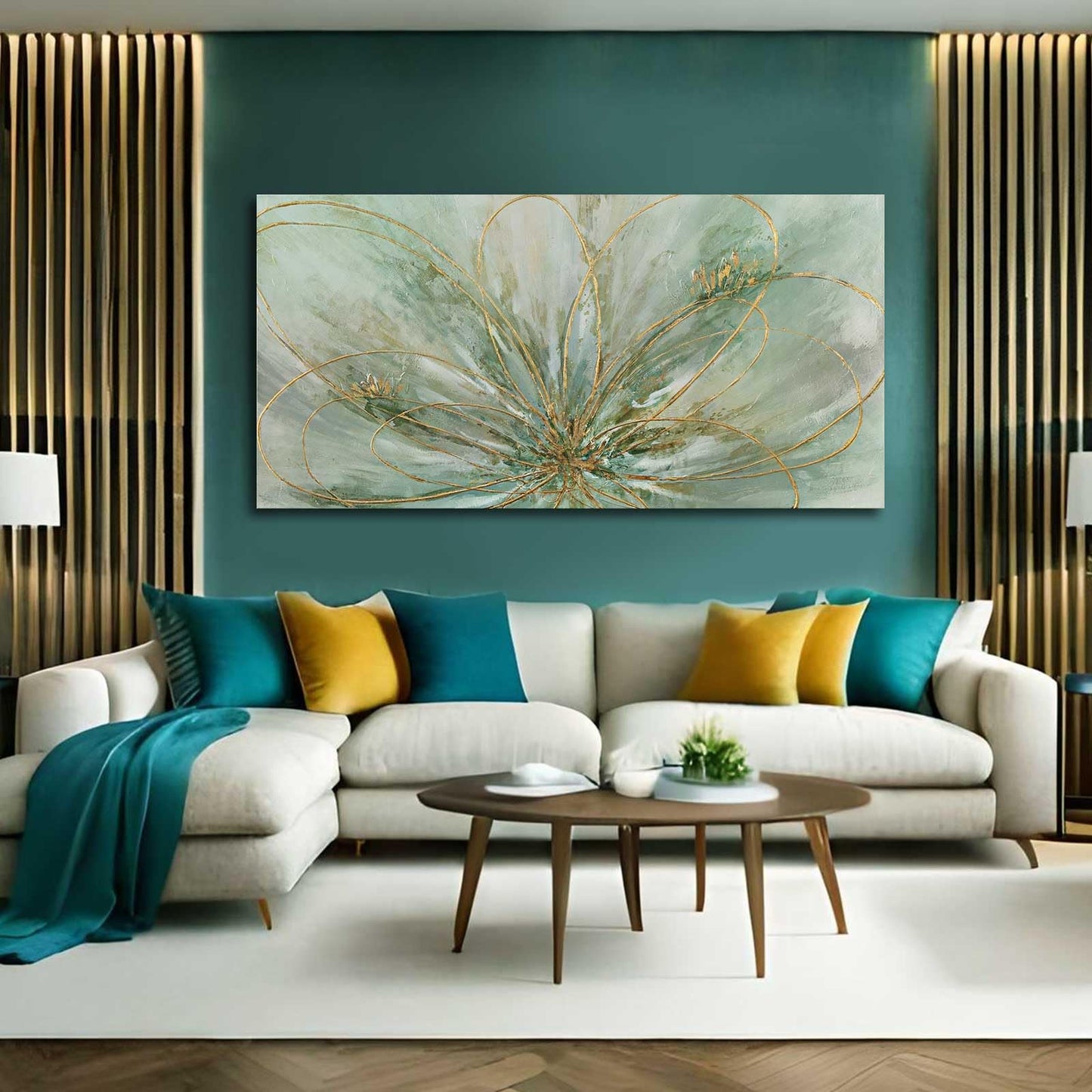 YJYart Abstrakte Wandkunst, Grün und Gold, handgemalt, Ölgemälde, Blüte, botanisch, großes Bild für Wohnzimmer, Schlafzimmer, Küche, Büro, 76,2 x 152,4 cm 