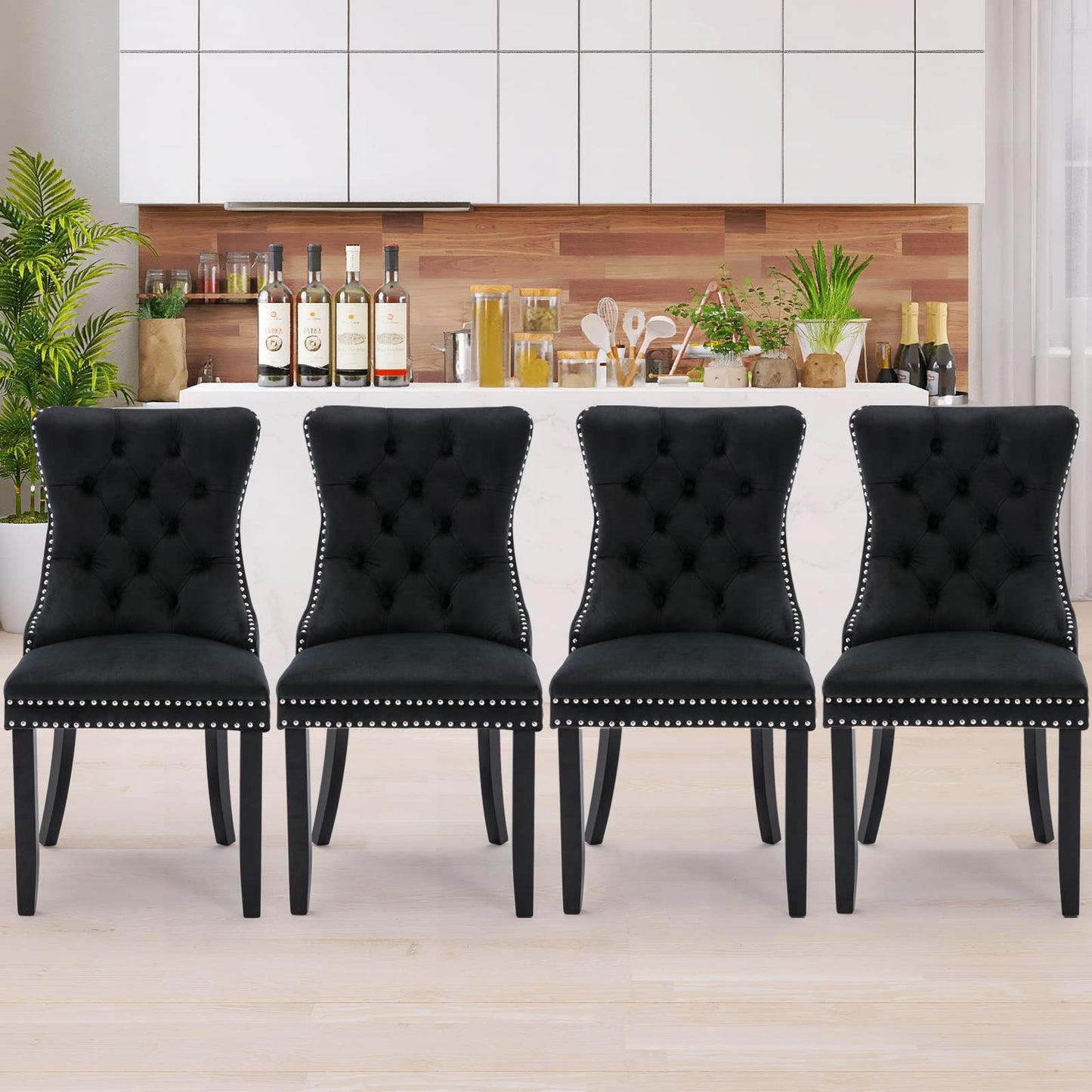 SoarFlash Leather Dining Chairs Set of 8, Tall Back Side Chair, Modern Upholstered Side Chair with Button Back Ring, Solid Wood Legs (Black&Grey)