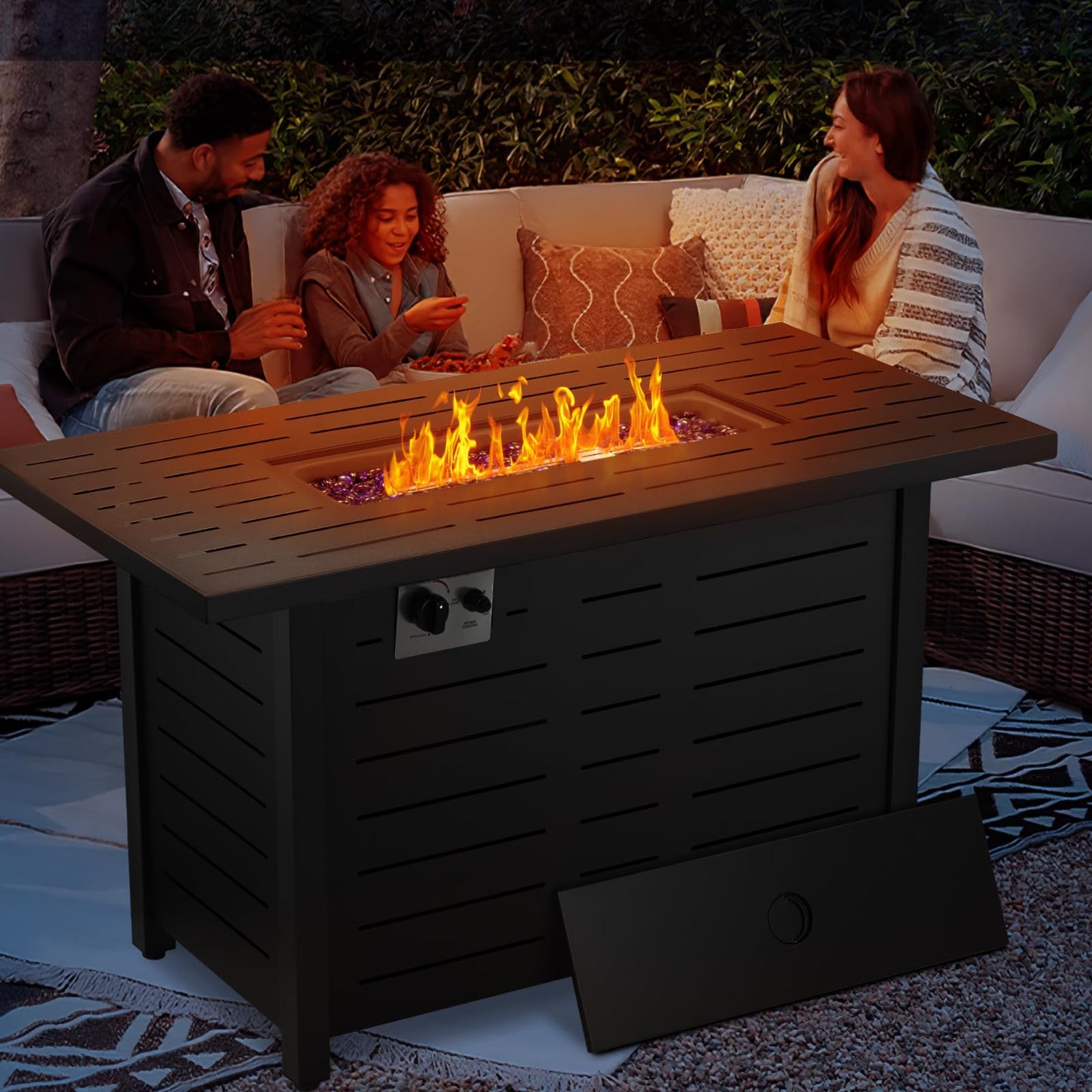 Xbeauty Fire Pit Propane Gas FirePit Table 43" Outdoor Fire Pit Rectangular Tabletop with Lid, Rain Cover, for Outside Garden Backyard Deck Patio