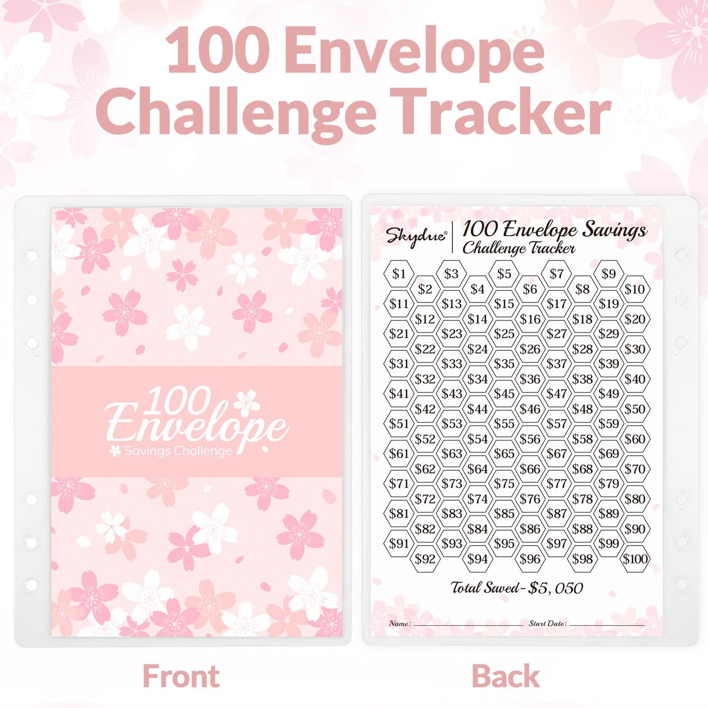 SKYDUE 100 Envelopes Challenge Binder with Laminated $5050 Tracker Sheet & Pre-numbered Pockets (Pink)