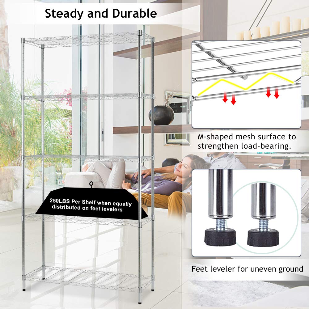 5-Tier Adjustable Heavy Duty Metal Storage Shelves, 250 Capacity Per Shelf, 36" X 14" X 72" Wire Shelving Unit Rack for Garage Closet Pantry, Black