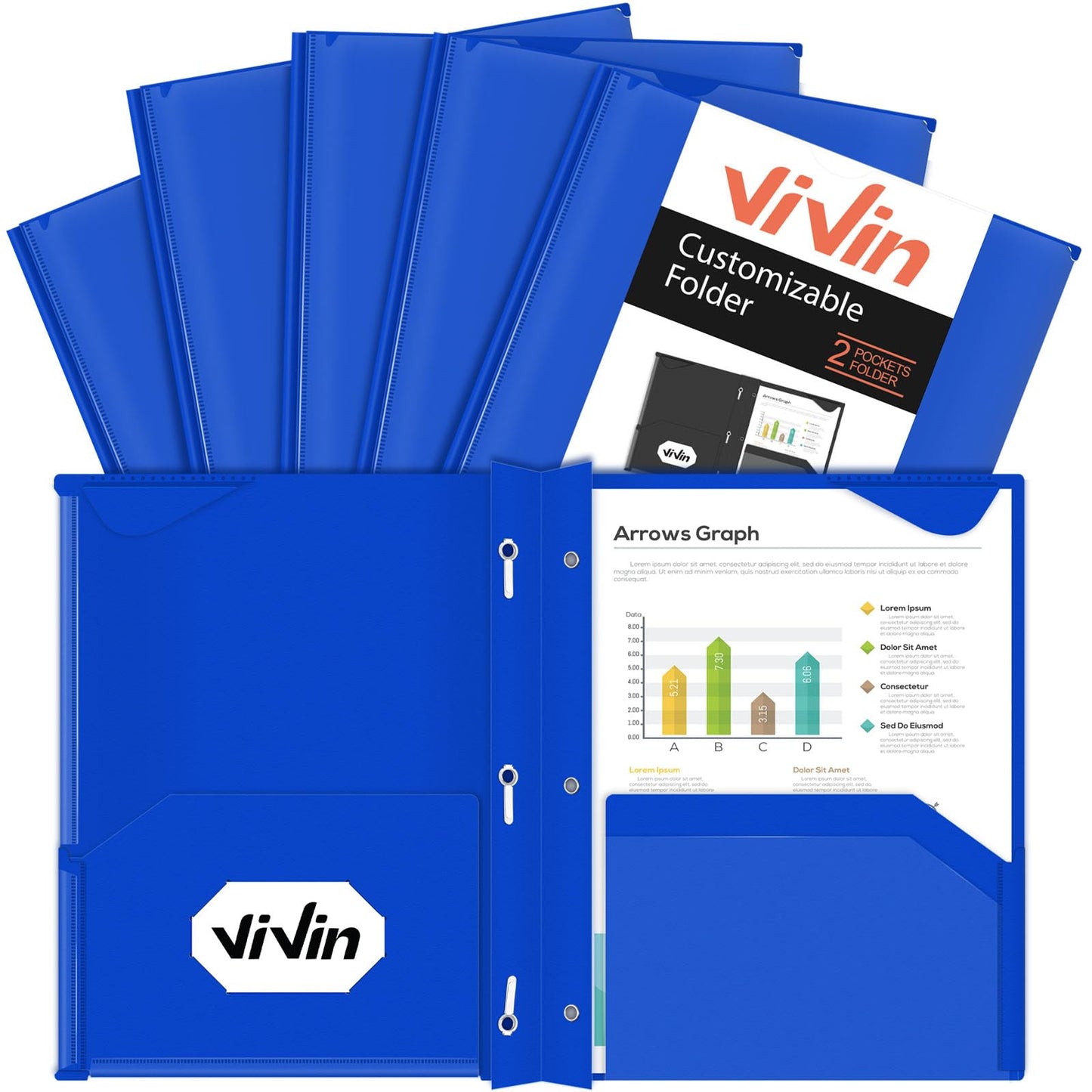 ViVin Heavyweight Plastic Folders with Pockets and Prongs, Two Pockets, Clear Front Pocket & Stay-Put Tabs, 6 Pack, Hold US Letter Size Paper, for School and Office - White