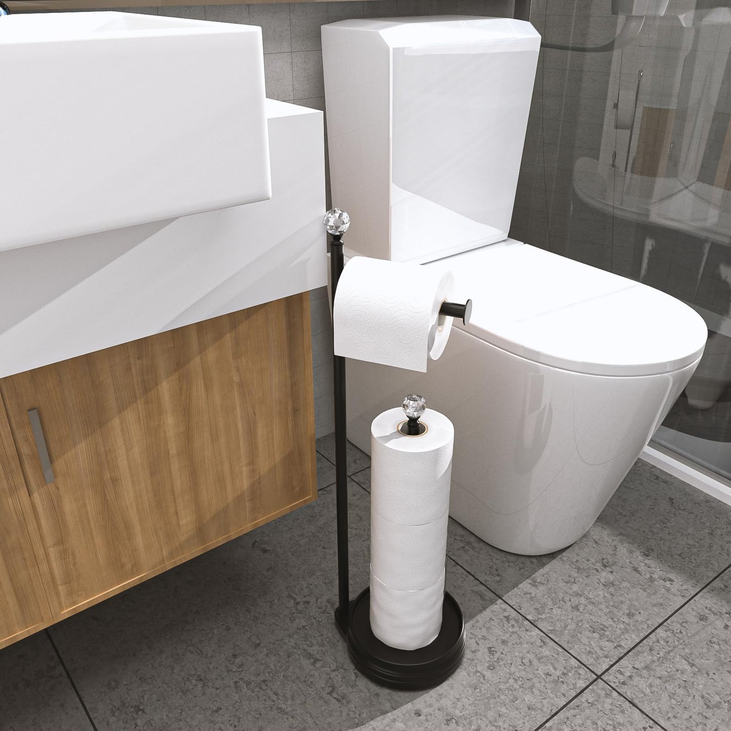 Weighted Freestanding Toilet Paper Holder – Metal Bathroom Stand with Crystal Accent