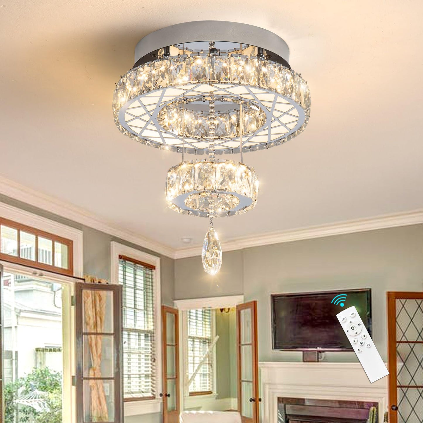 Modern Flush Ceiling Chandelier Bedroom Light Fixtures Crystal Flat Sloping Ceiling Lights for Hallway Kitchen Dining Room Dimmable Light with Remote Gold