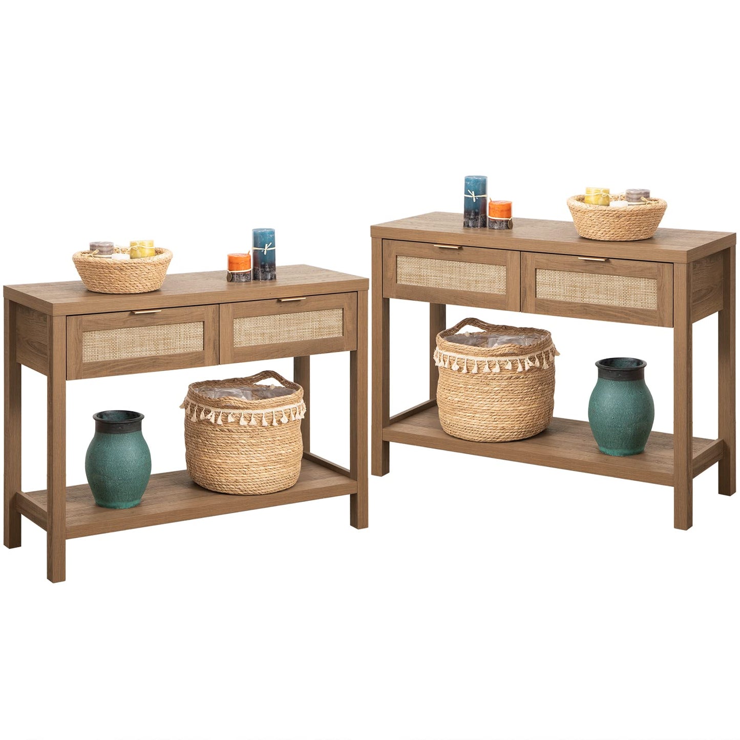 SICOTAS Konsolentisch 2er-Set – Boho-Eingangstisch mit Stauraum und Rattanschubladen, 2-stöckiges Regal, schmale lange Sofatische für das Wohnzimmer, Eingangstisch aus Naturholz für Flur, Foyer, helle Eiche 