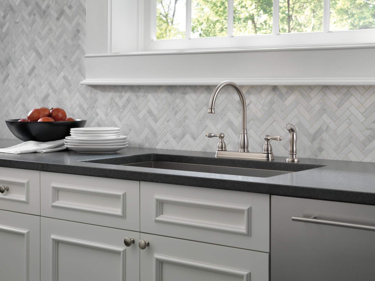 Windemere Chrome Kitchen Faucet with Side Sprayer, Traditional 4 Hole Kitchen Sink Faucet, Two-Handle, 21996LF