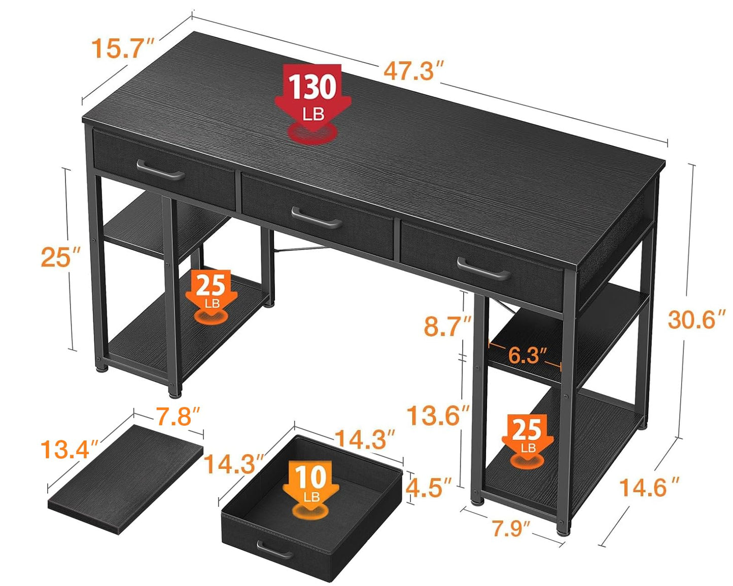 Bureau d'ordinateur de petite taille ODK : table de maison avec tiroirs en tissu et étagères de rangement, bureau d'écriture moderne, noir, 48"x16" 