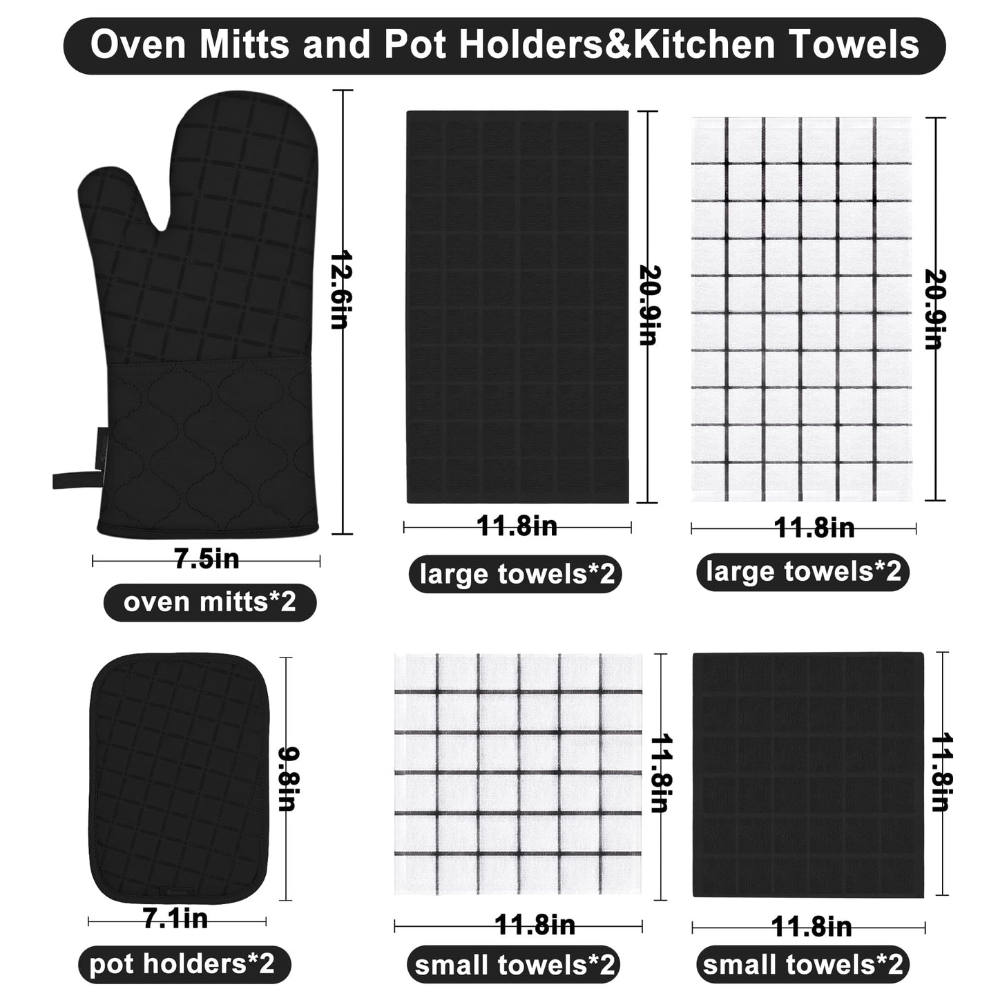 Oven Mitts Kitchen Towels and Dishcloths Pot Holders Sets, Oven Gloves Kitchen Dish Towels 500 Degree Heat Resistant Potholders with Non-Slip Silicone Surface for Cooking, Grilling, Baking-Black