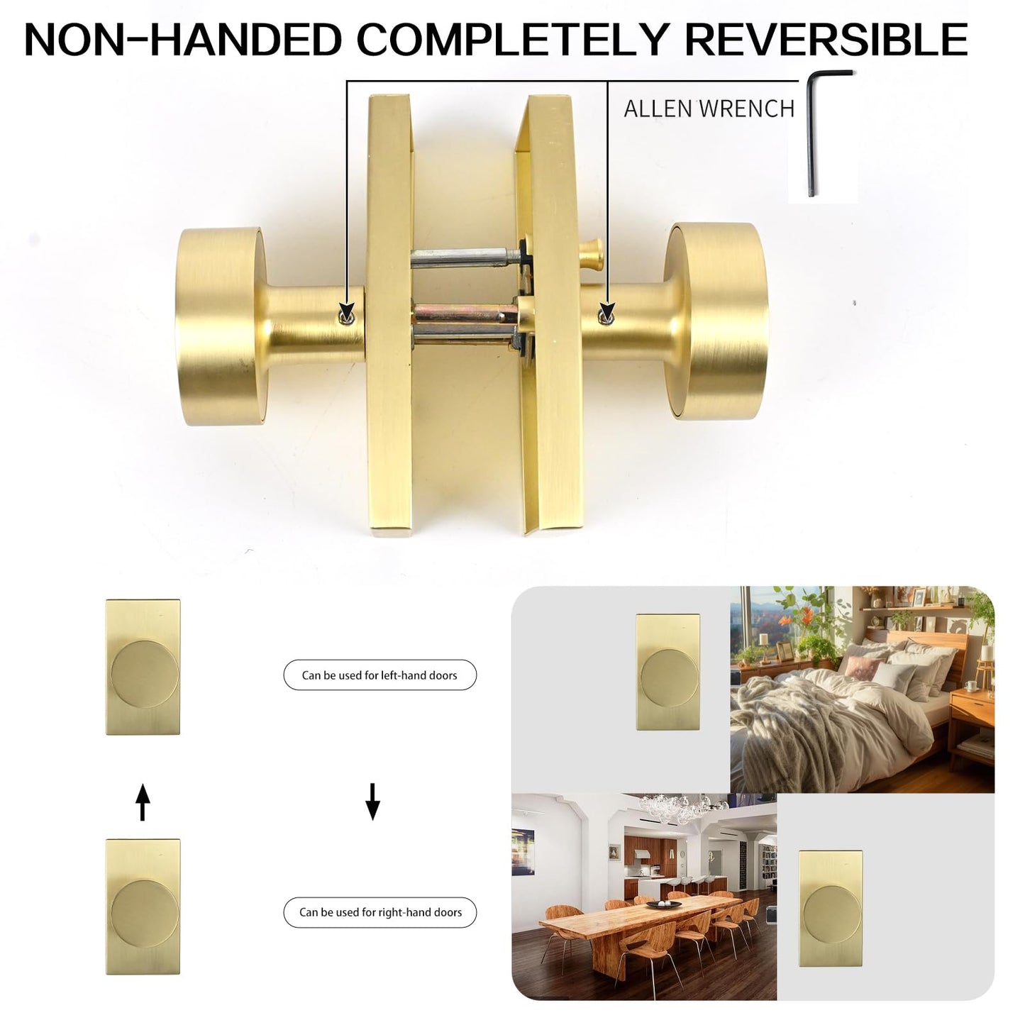 Privacy Door Knob with Reversible Keyless Push Lock, Modern Rectangular Long Plate Interior Door Lock