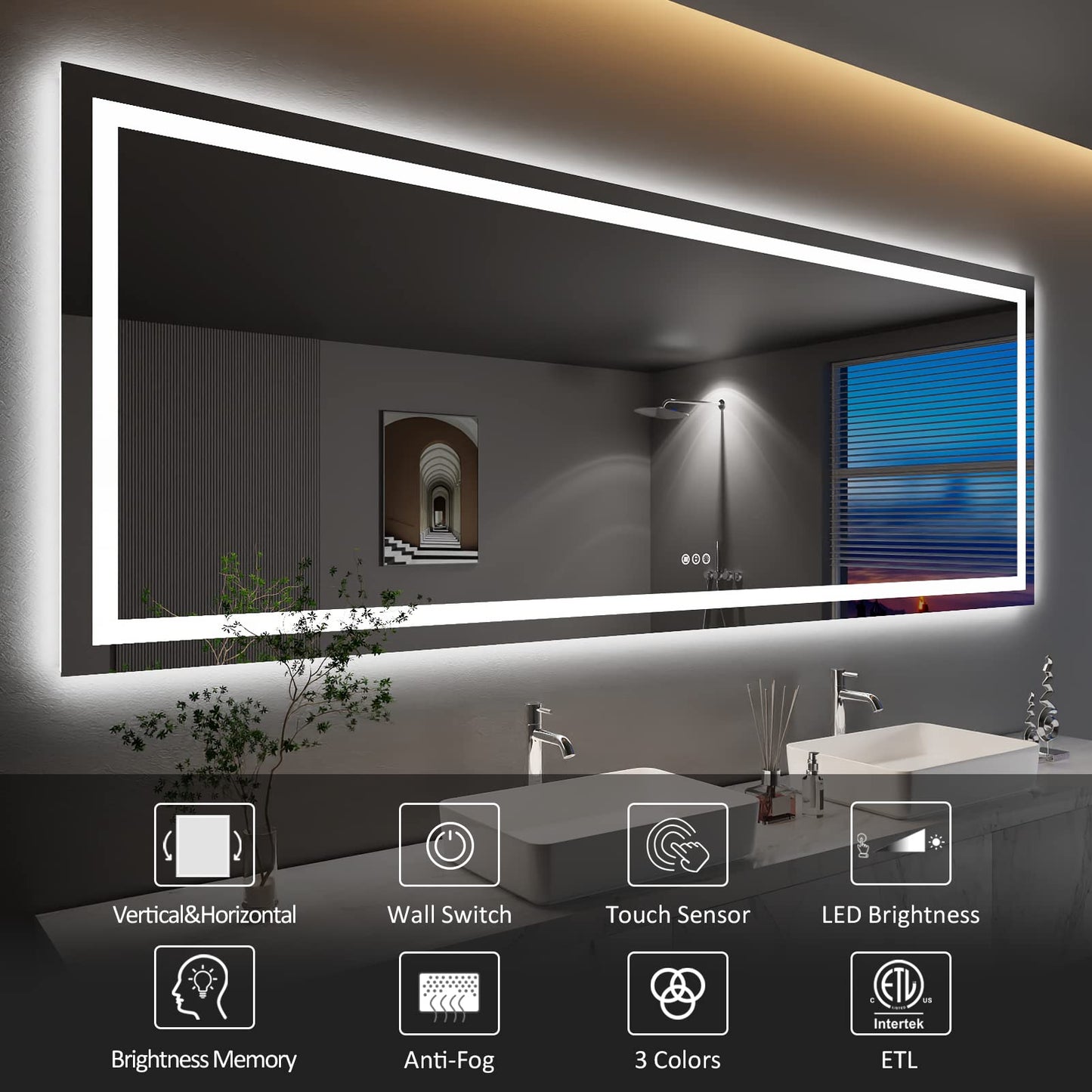 Amorho 20"x 28" LED Bathroom Mirror with Black Frame, Front Light and Backlit(Controlled Separately), Stepless Dimmable, Anti-Fog, Shatter-Proof, 3 Colors, Memory