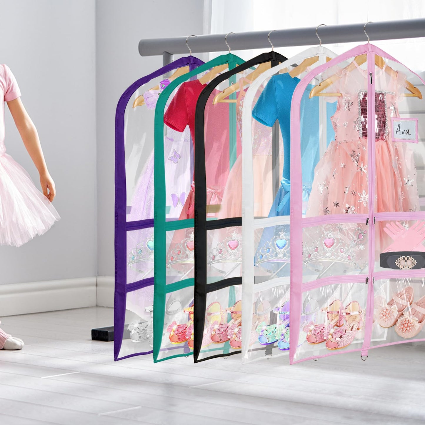 Univivi Clear PVC Dance Costume Bags (3 Pack) Garment Bag 40 Inch for Dance Competitions, with 4 Medium Clear Zipper Pockets and 1 Large Back Zippered Pocket [Upgraded Version]