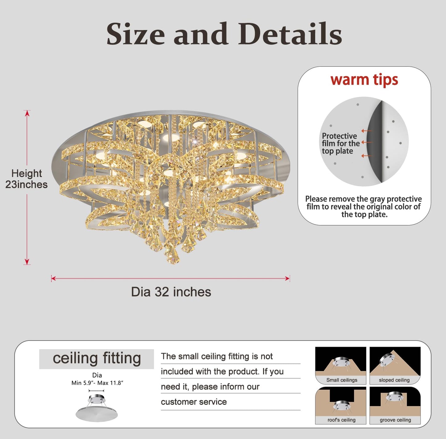 Flashing God W40 Modern Crystal Chandelier for Living Room Crystal Flush Mount LED Gold Ceiling Light Fixture for Foyer Dining Room Hallway Dimmable 2700k 4500k 6000k