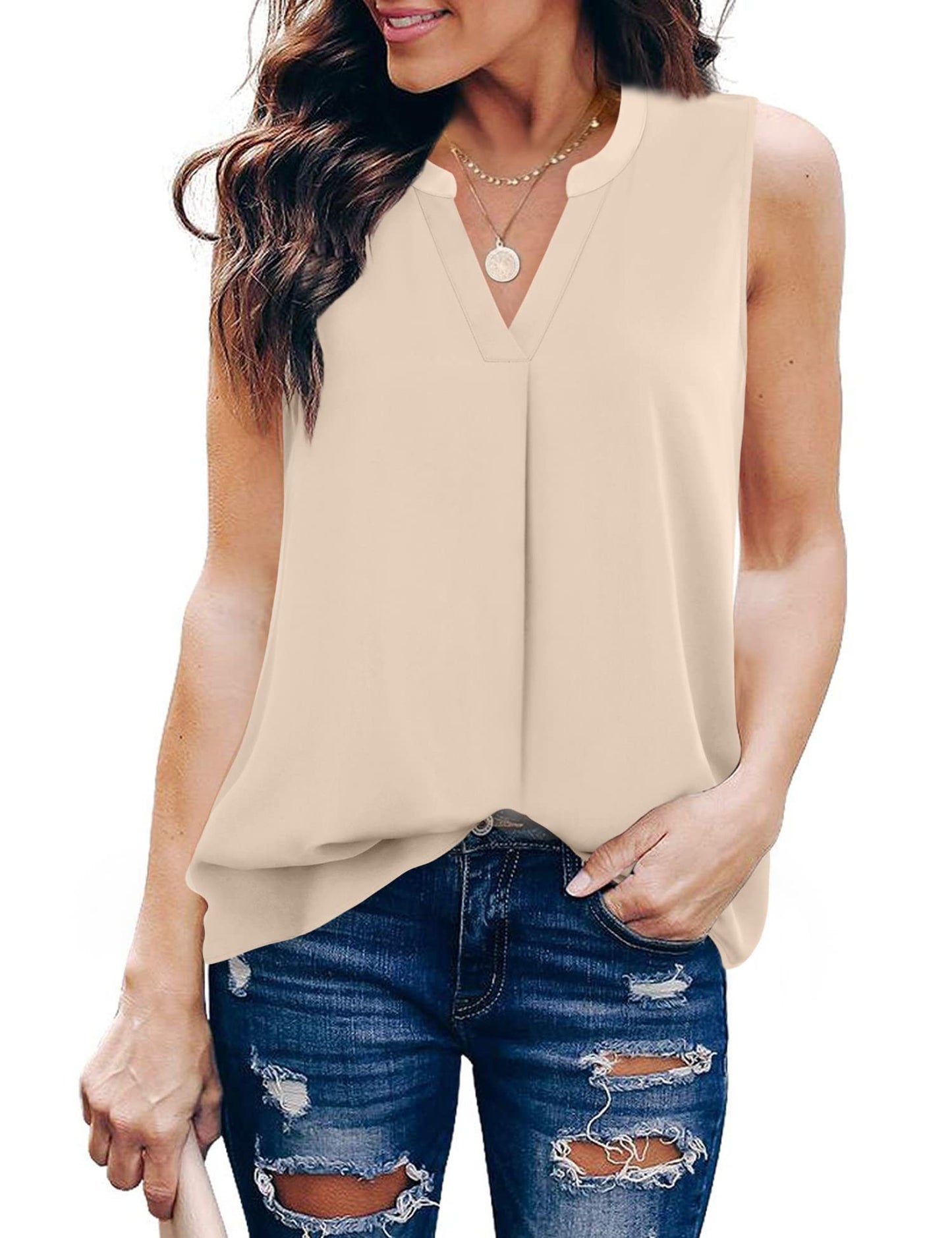 Timeson Women's Chiffon V Neck Sleeveless Blouse Tops Office Work Shirts