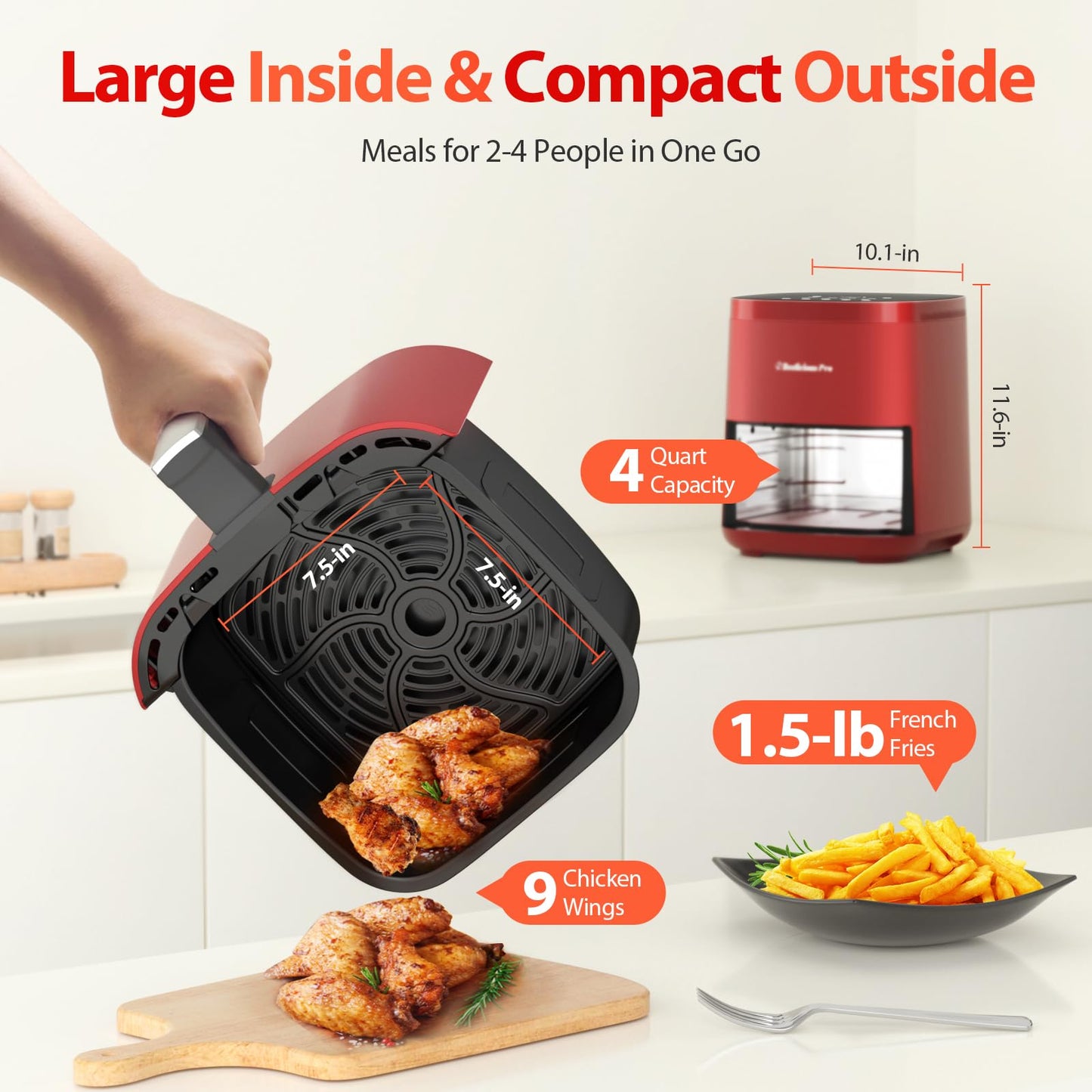 Air Fryer, Beelicious 8-in-1 Smart Compact 4QT Air Fryers, Shake Reminder,450°F Digital Airfryer with Flavor-Lock Tech,Tempered Glass Display, Dishwasher-Safe & Nonstick,Fit for 1-3 People, Red