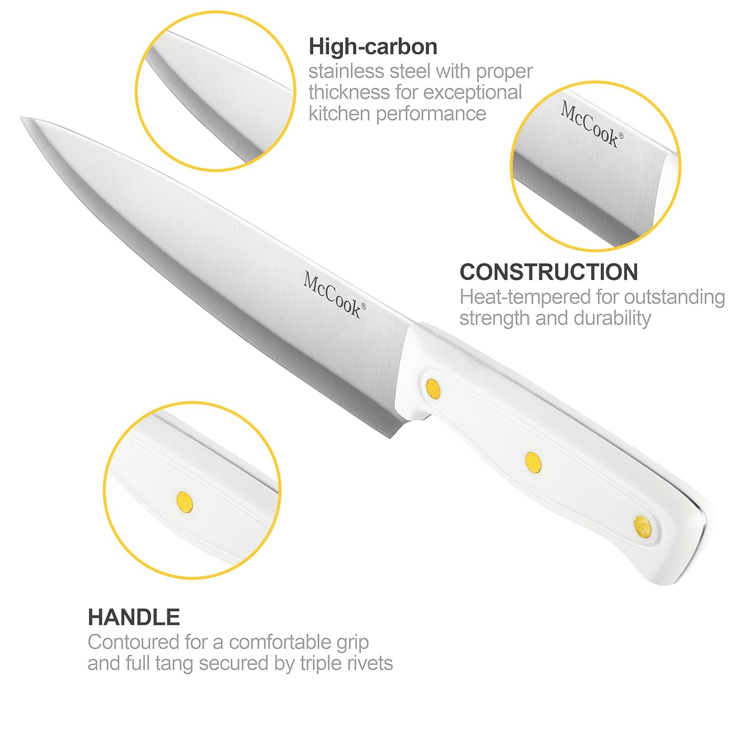 Ensemble de couteaux McCook®, ensemble de couteaux de cuisine en acier inoxydable Golden Titanium avec aiguiseur intégré 