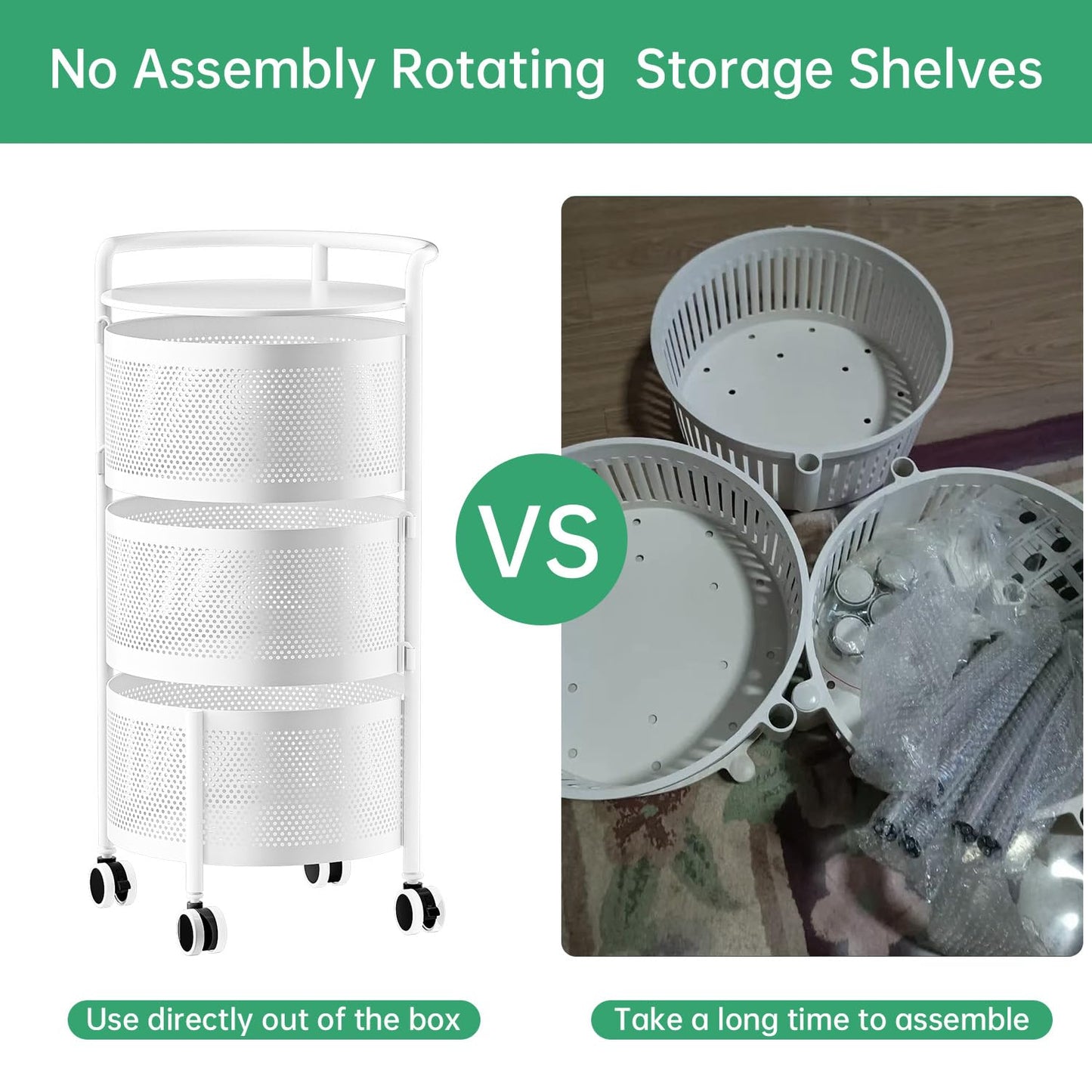 No Assembly Required Vegetable Storage Rack, 4-Tier Rotating Fruit Basket with Wheels, Heavy Duty Carbon Steel Kitchen Storage Cart