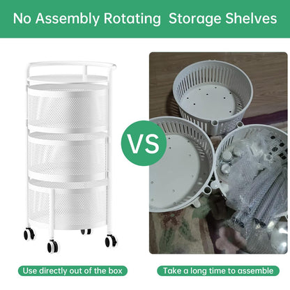 No Assembly Required Vegetable Storage Rack, 4-Tier Rotating Fruit Basket with Wheels, Heavy Duty Carbon Steel Kitchen Storage Cart