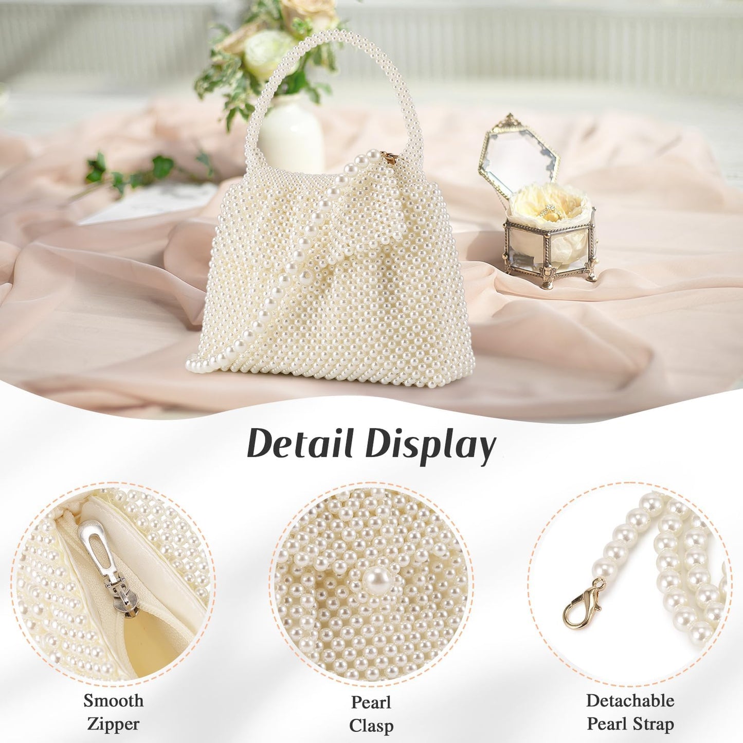 UBORSE Women Pearl Clutch Bag Noble Crystal Beaded Evening Bag Wedding Clutch with Pearl Chain