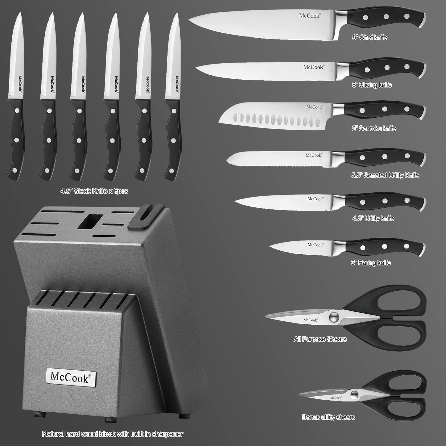 Ensemble de couteaux McCook®, ensemble de couteaux de cuisine en acier inoxydable allemand avec aiguiseur intégré 