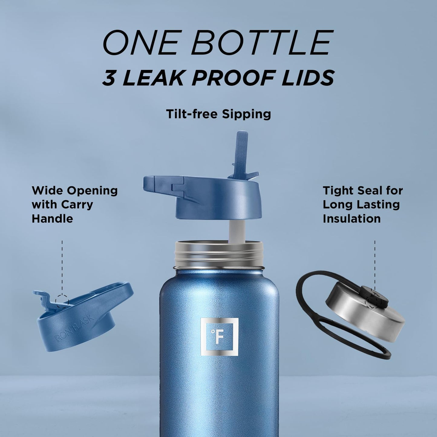 Bouteille d'hydratation de camping et de randonnée IRON °FLASK avec 3 couvercles - Bouteille d'eau en acier inoxydable, à double paroi et isolée sous vide - Anti-fuite et sans BPA (Dark Night, Straw - 32 oz) 