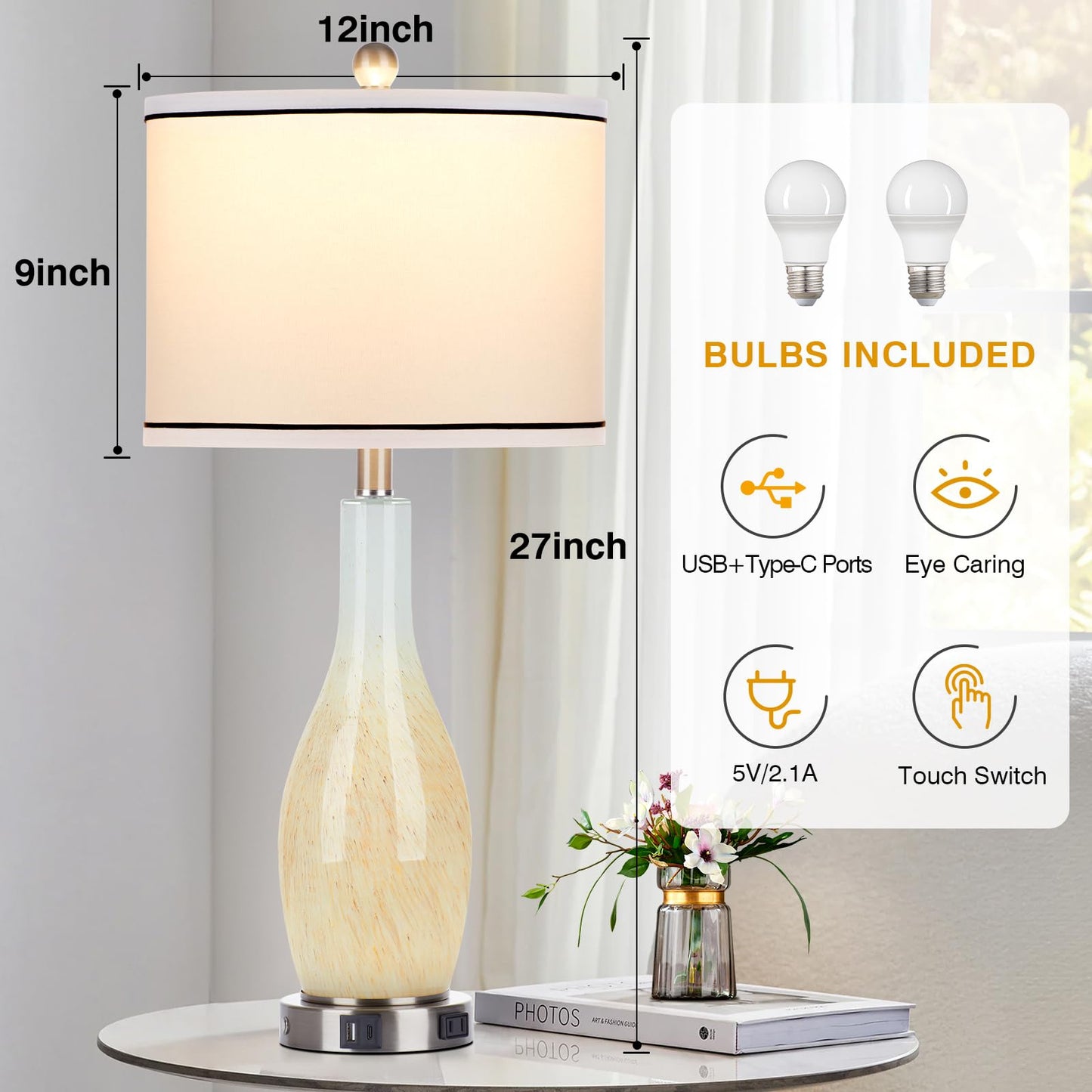 27" Glass Table Lamps Set of 2 with Nightlight, 3 Way Touch Control Modern Bedside Lamps with USB A+C Ports & AC Outlet, Boho Yellow Nightstand Lamps for Bedroom Living Room