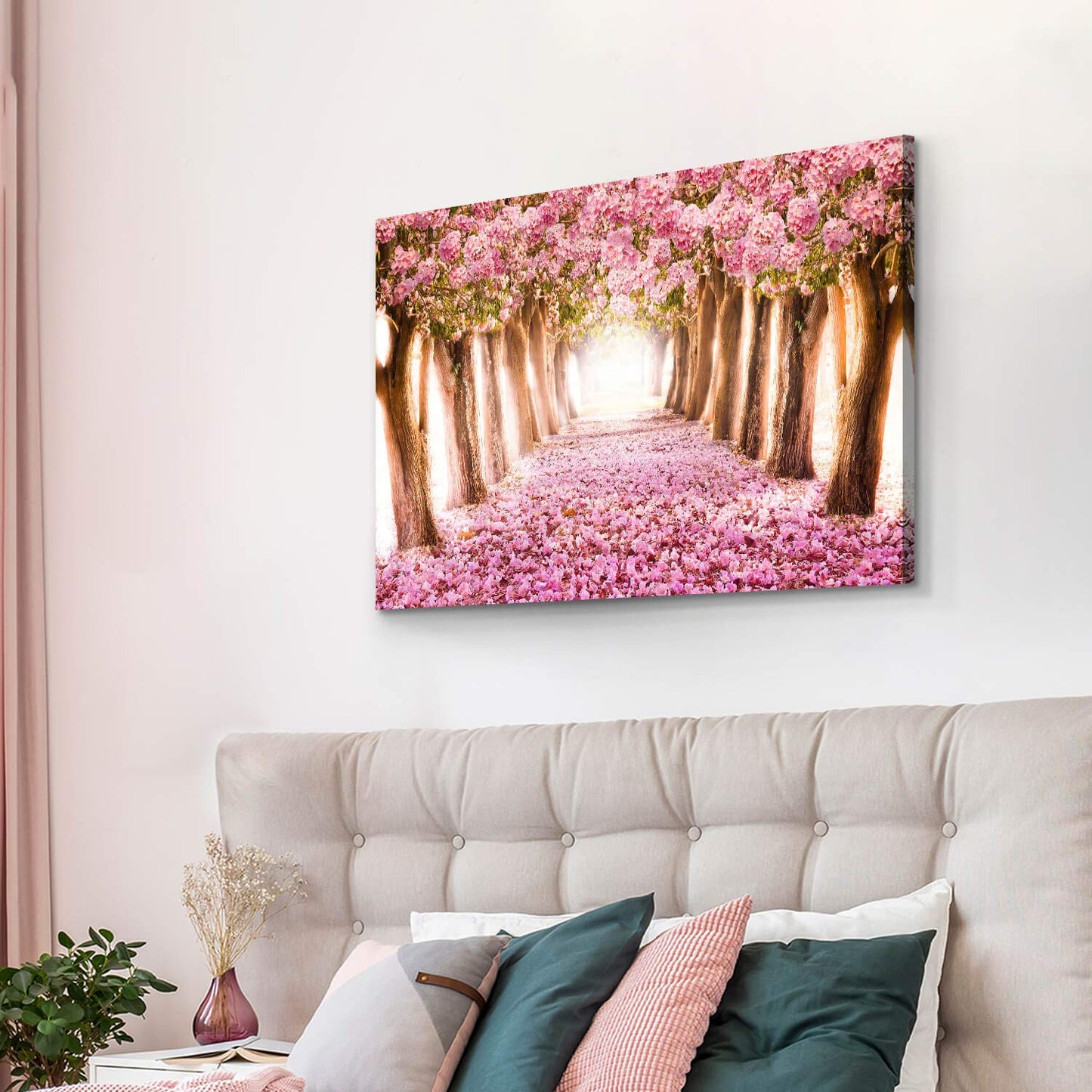 UTOP-art Tableau mural avec fleurs roses : paysage forestier, arbre, chemin, peinture sur toile enveloppée pour salon (36'' x 24'' x 1 panneau) 