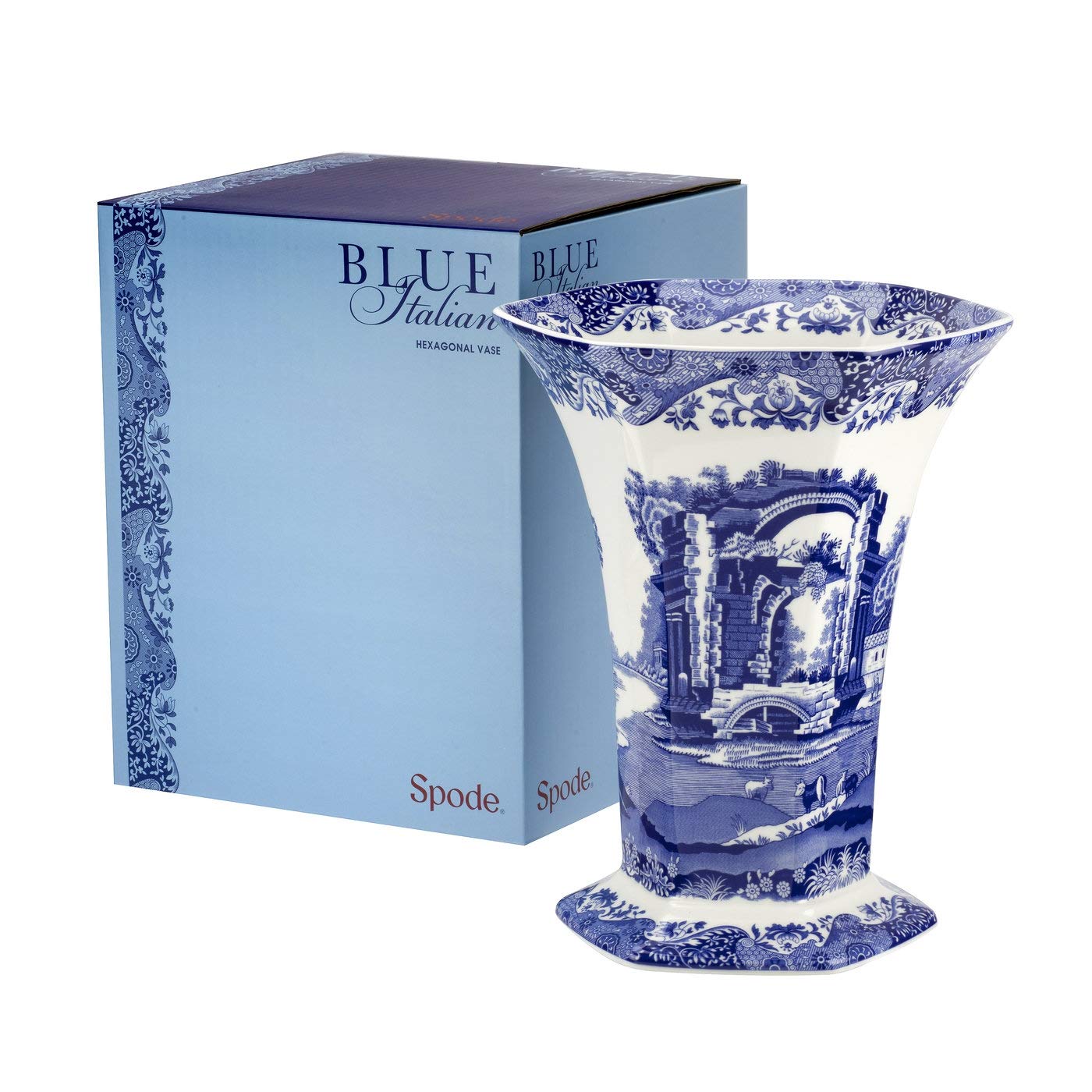 Vase hexagonal de la collection italienne bleue Portmeirion | 10,5 pouces de hauteur | Centre de table décoratif pour la maison, le salon et la cheminée | Bleu et blanc | Fabriqué en porcelaine 