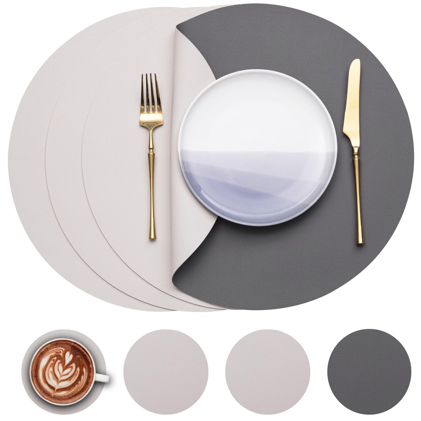 Myir JUN Round Table Placemats Set of 4 Faux Leather Place Mats and Coasters 15 inch Round Placemats Dual Sided Placemats Non-Slip Placemats Stain Resistant Placemats (Gray & Yellow, Set of 4)