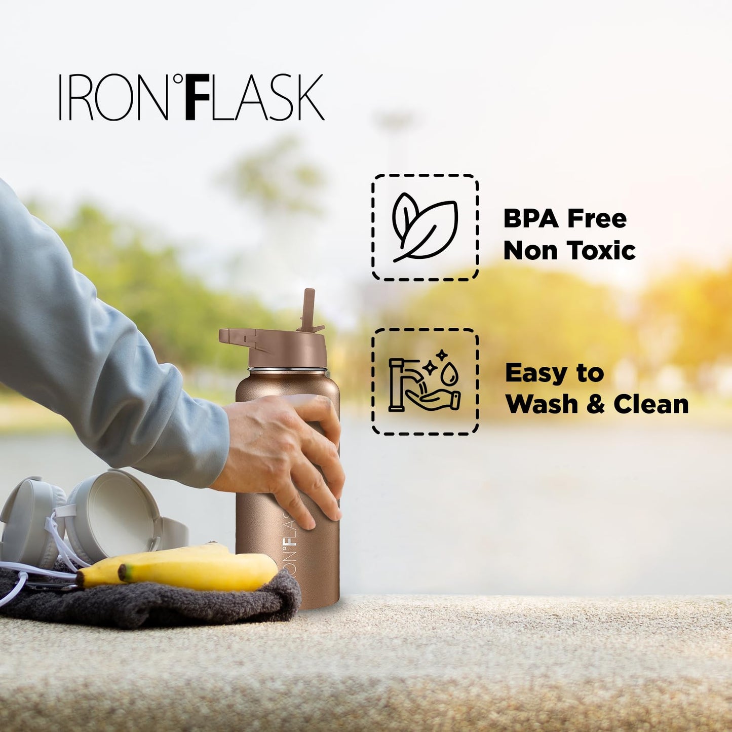 IRON °FLASK Camping & Hiking Hydration Flask with 3 Lids - Stainless Steel, Double Walled & Vacuum Insulated Water Bottle - Leak Proof & BPA Free (Dark Night, Straw - 32 oz)