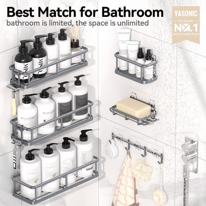 6-Pack Black Shower Caddy Set – Rustproof Bathroom Organizer with Soap Holder & 12 Hooks, No-Drill Wall Mount Storage.