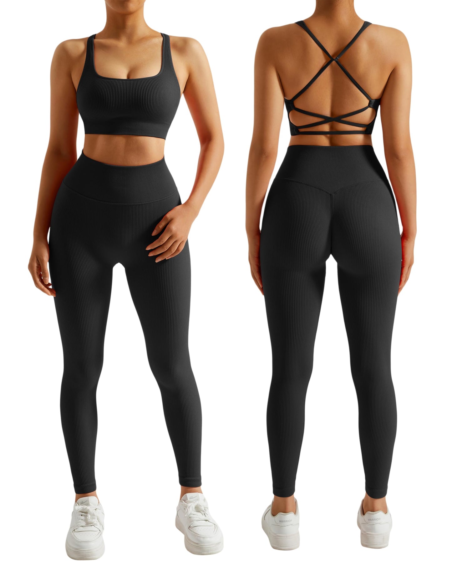 RXRXCOCO Gerippte Workout-Sets für Damen, 2-teilig, rückenfrei, Riemchen-Sport-BH, nahtlose Leggings, passendes Set, Yoga-Outfits 