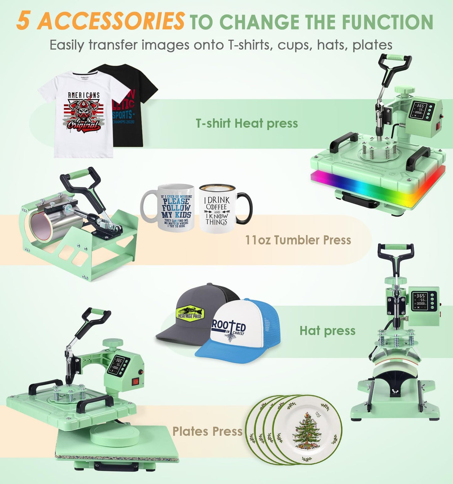 Slendor 5 in 1 Heat Press Machine 12x15 Inch T-Shirt Pressing Machine 360° Swing Away Sublimation Heat Press Digital Heat Transfer with 11OZ Tumbler Press, Multifunction Combo for Hat Cap Mug Plate