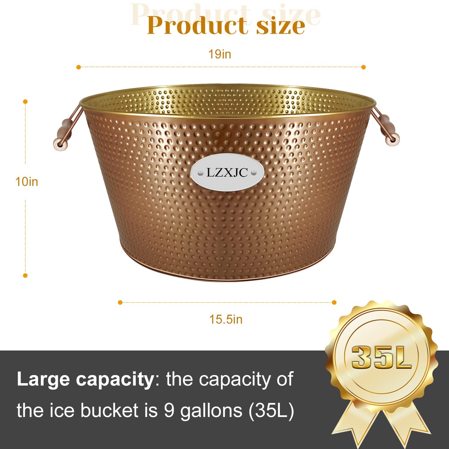 Seau à glace doré de 9 gallons, grand seau à glace pour bar à cocktails, seaux à glace pour fêtes, bac galvanisé, grand bac à boissons pour la maison, la cuisine et l'extérieur 