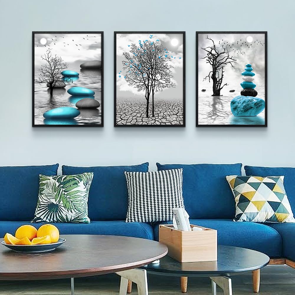 Canvas Wall Art for Living Room Wall Decor for Bedroom Bathroom Black and White Paintings Modern 3 Piece Framed Canvas Art Prints Ready to Hang Inspirational Abstract Blue Pictures Home Decorations