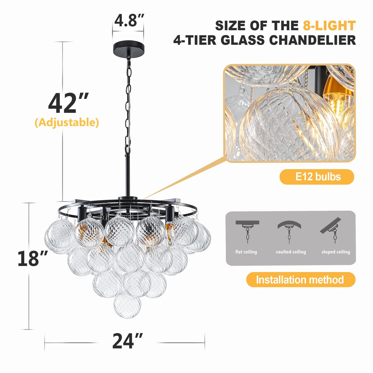 Gold Bubble Chandelier 4-Tier Round Clear Glass Globe Chandeliers 8 Lights 24Inch Dia Blown Glass Pendant Chandelier Light Fixture for Dining Room Bedroom Living Room