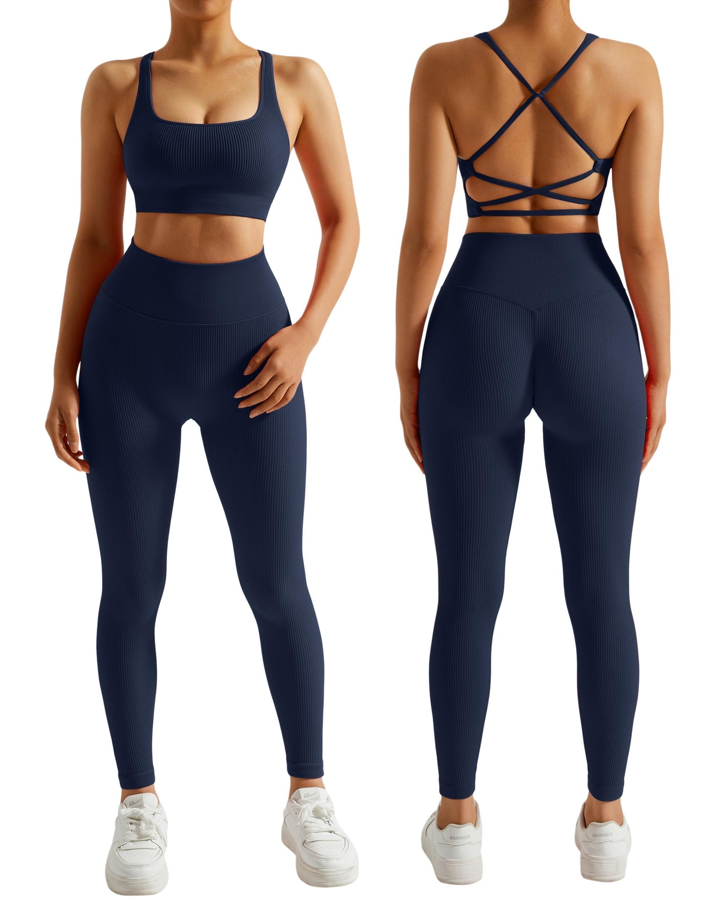 RXRXCOCO Ribbed Workout Sets for Women 2 Piece Backless Strappy Sports Bra Seamless Leggings Matching Set Yoga Outfits