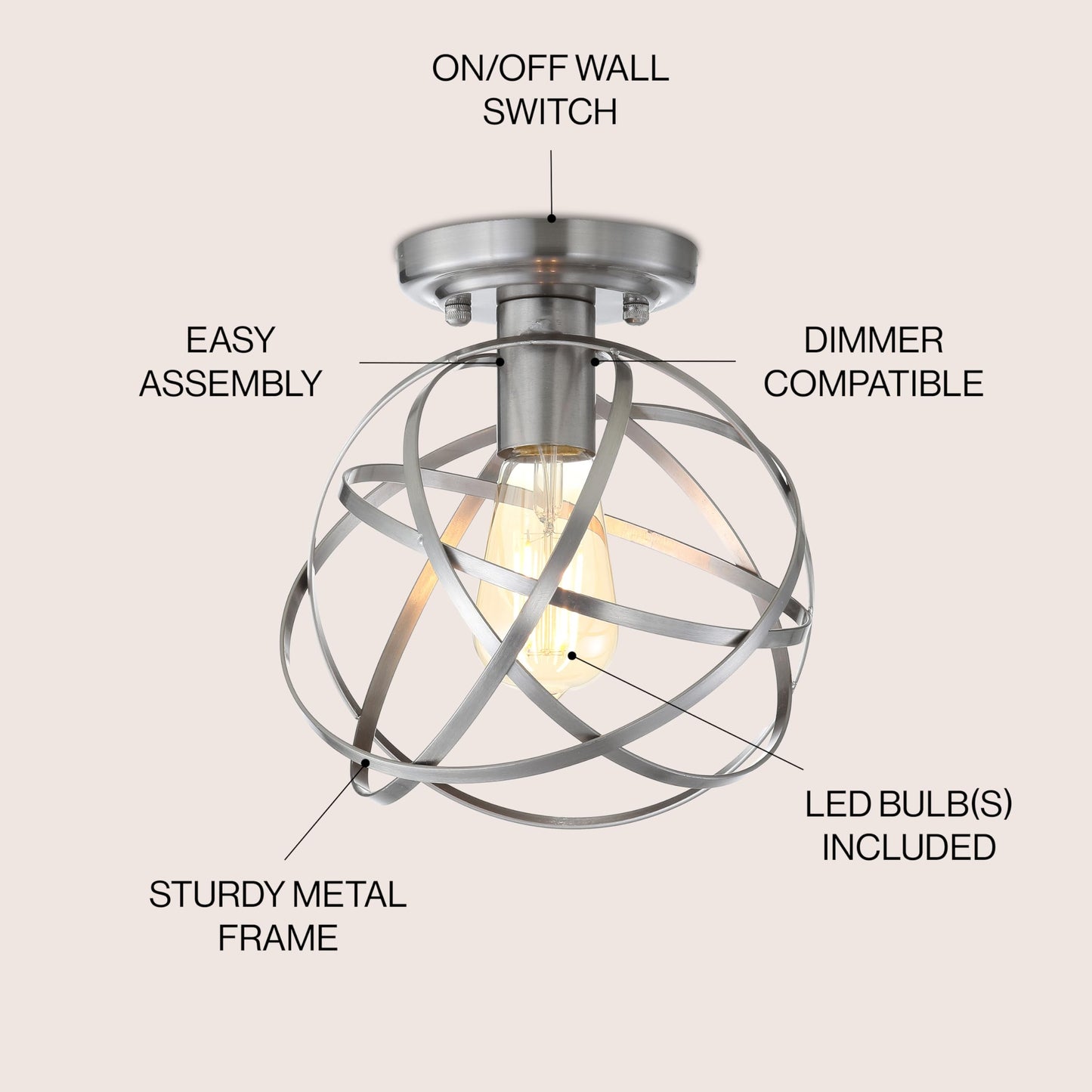 JONATHAN Y JYL9515B Alba 8,5" Metallkugel-LED-Deckenleuchte, modern, dimmbar, 2700 K, gemütliches warmes Licht, für Küche, Flur, Badezimmer, Treppenhaus, Nickel 