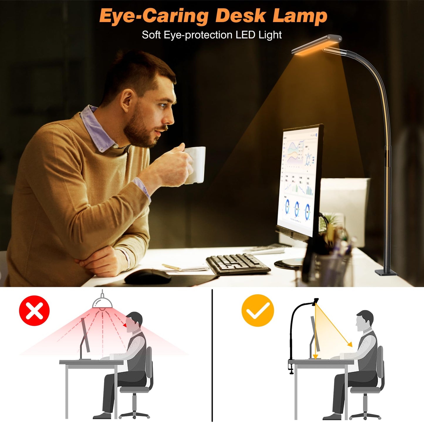 LED Desk Lamp for Office Home, Eye-Caring Desk Light with Stepless Dimming Adjustable Flexible Gooseneck, 10W USB Adapter Desk Lamp with Clamp for Reading, Study, Workbench (Black)