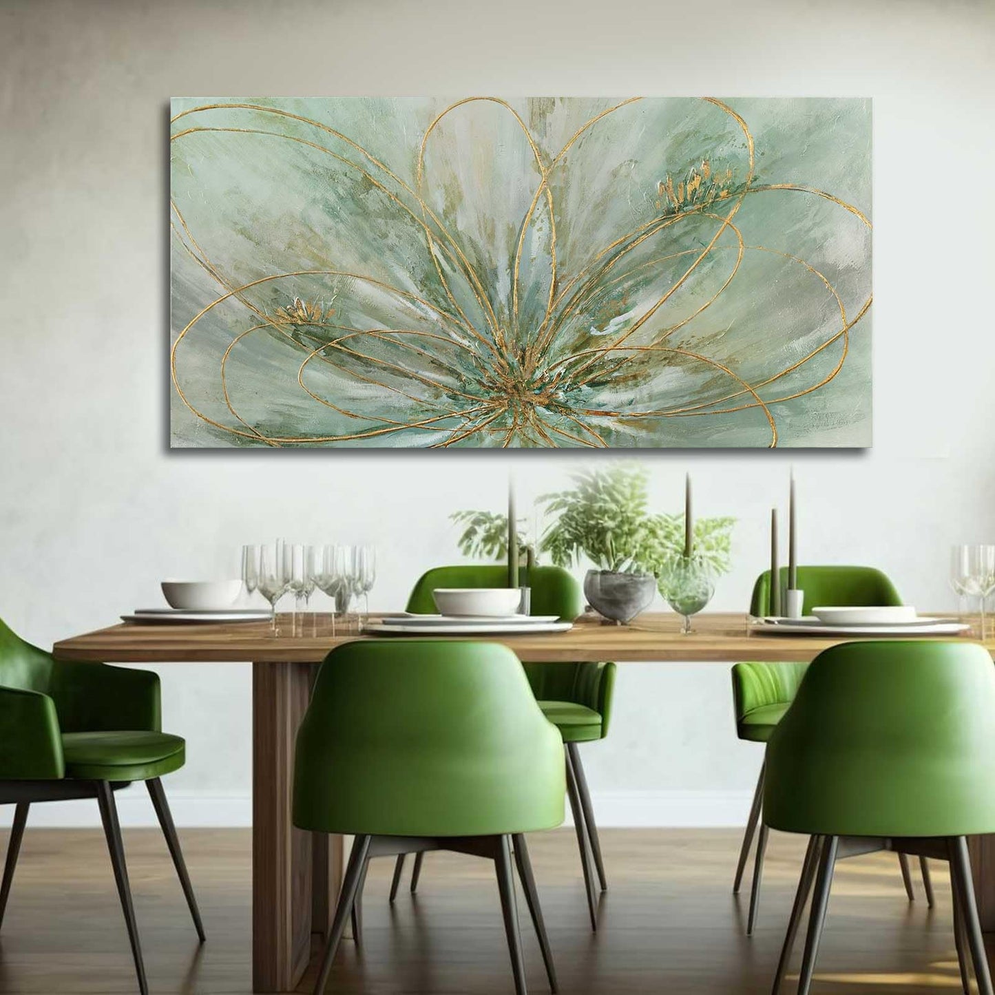 YJYart Abstrakte Wandkunst, Grün und Gold, handgemalt, Ölgemälde, Blüte, botanisch, großes Bild für Wohnzimmer, Schlafzimmer, Küche, Büro, 76,2 x 152,4 cm 