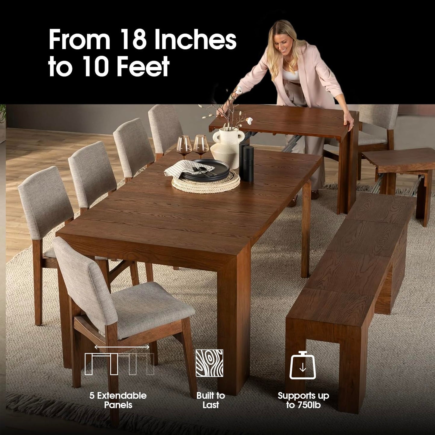 Transformer Table Dining Table Set for 4 to 12, Extendable Wood Dining Table with Expandable Bench, Small Space Furniture, Kitchen Table Set (Dark Grey, Table + Bench)