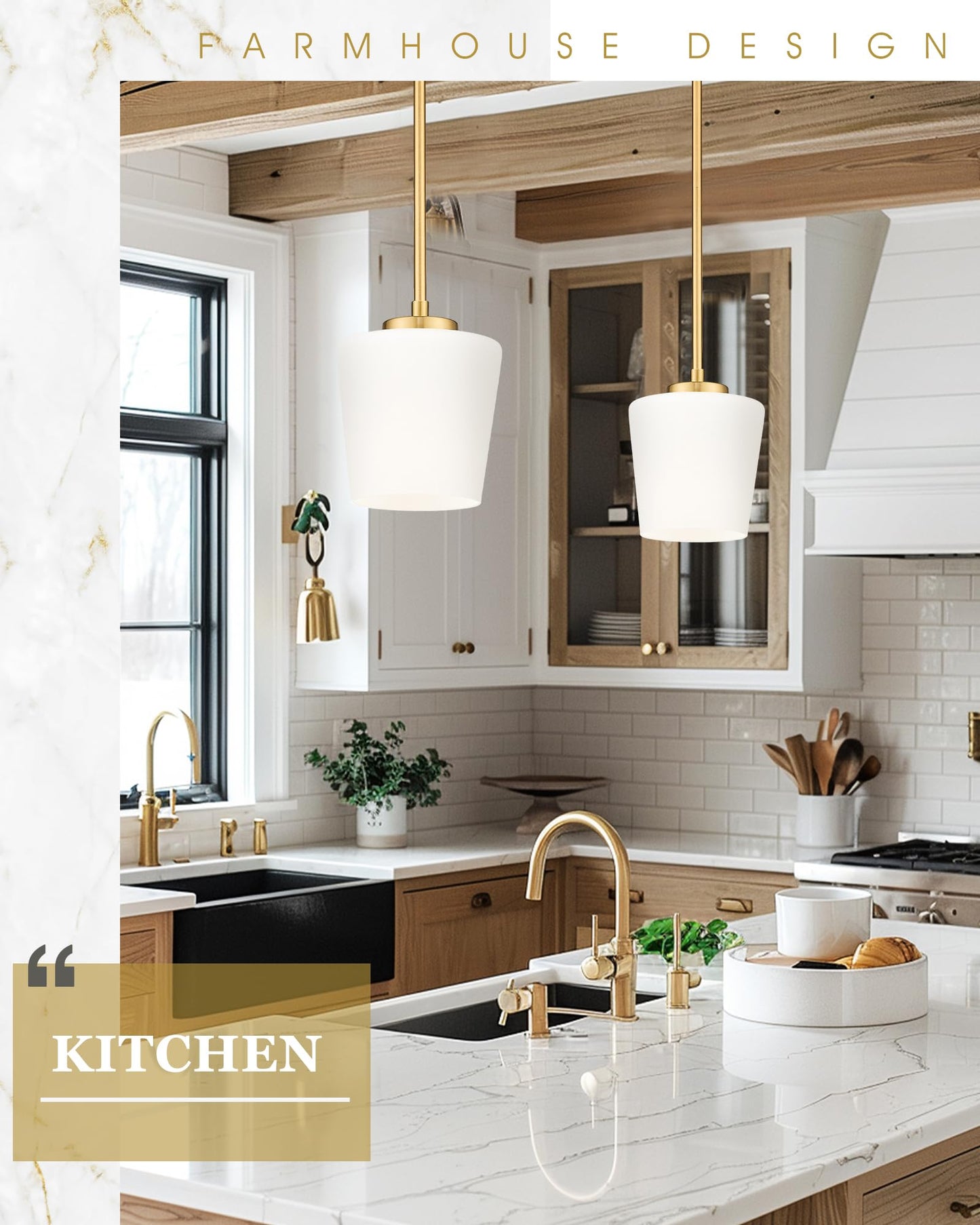 3-Light Pendant Light Fixtures, Brushed Gold Dining Room Light Fixture Over Table, Adjustable Kitchen Island Lighting with Milk White Glass, Farmhouse Hanging Light Fixture, AD-22004-3P-GD