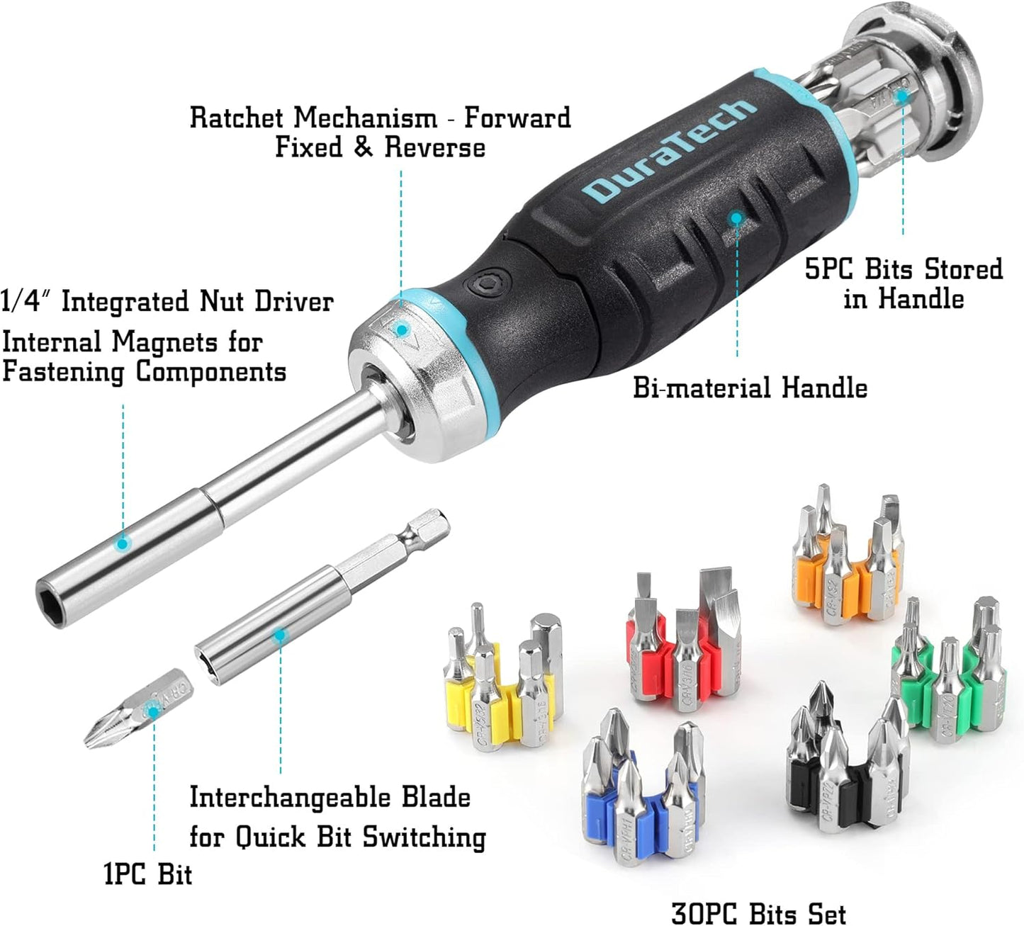 DURATECH Multi-Bit-Ratschenschraubendreher, 38-teiliger magnetischer Schraubendreher mit Bit-Aufbewahrungsgriff, Schlitz/Philips/Pozi/Torx/Sechskant/Vierkant 