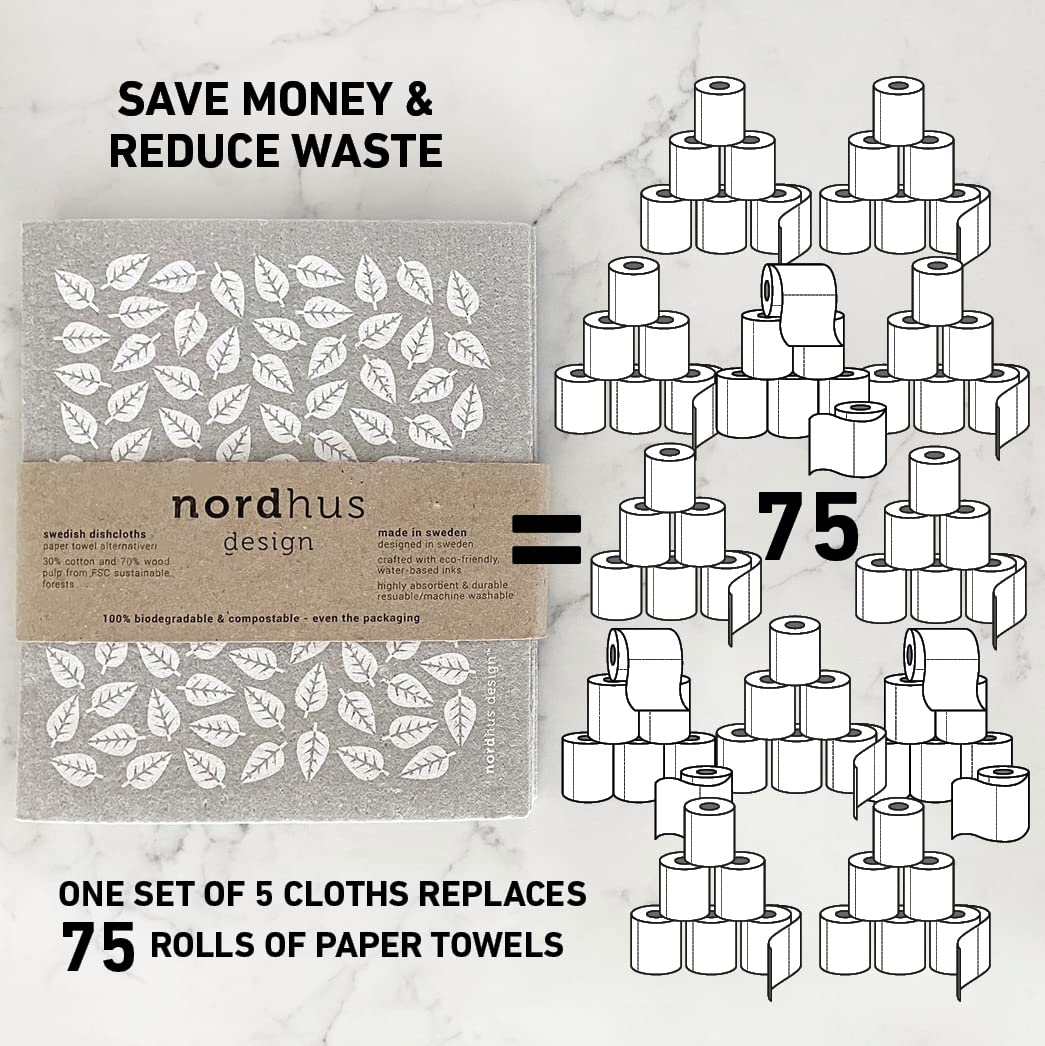 Nordhus Design Swedish Dishcloths for Kitchen, 10 Cloths, Made in Sweden - Reusable, Washable Cellulose Cotton Kitchen Cloths - Replace Paper Towels, Wipes, Sponges, Dish Rags