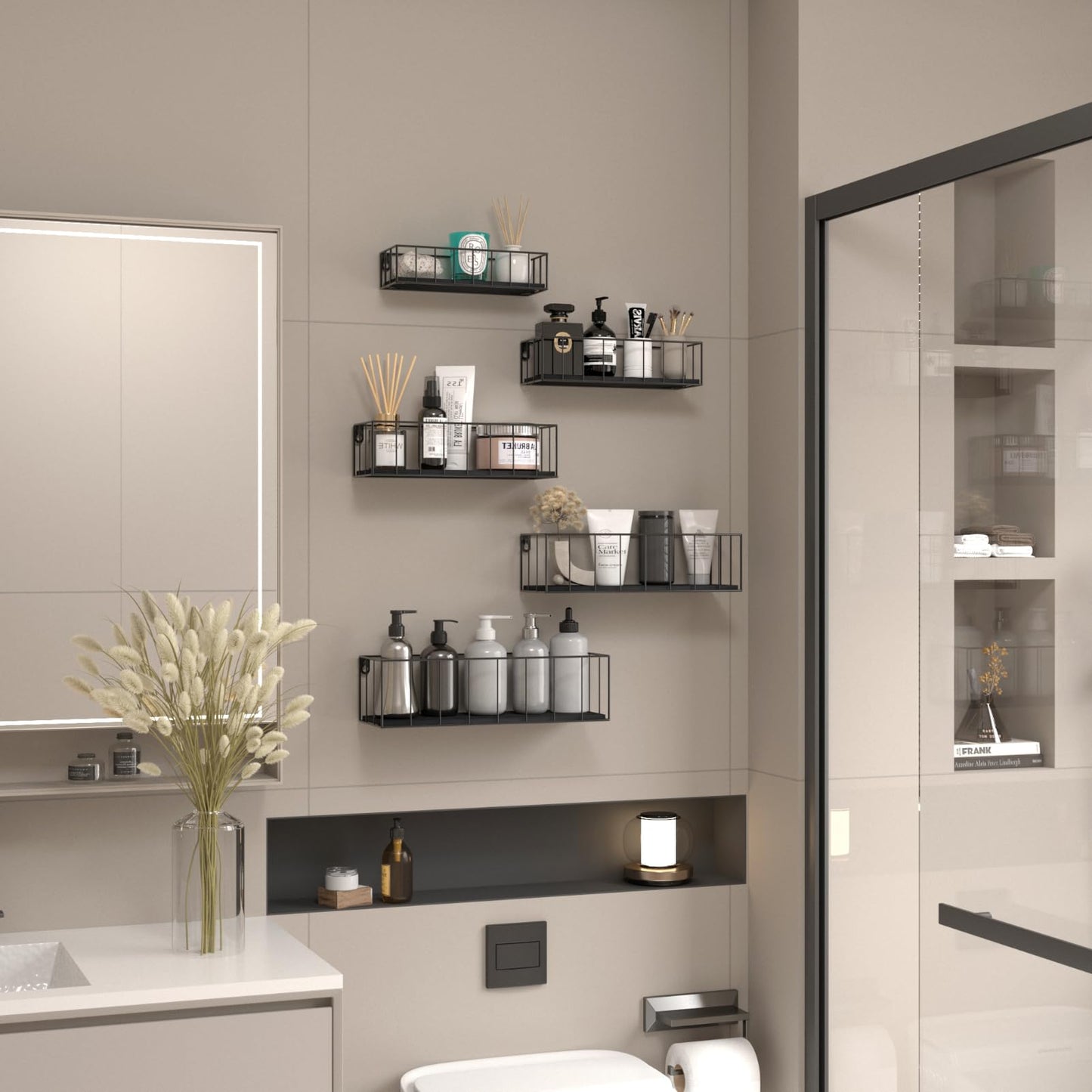 Floating Shelves Wall Mounted Set of 5, Hanging Wall Shelf with Rail for Bathroom, Bedroom, Living Room, Kitchen