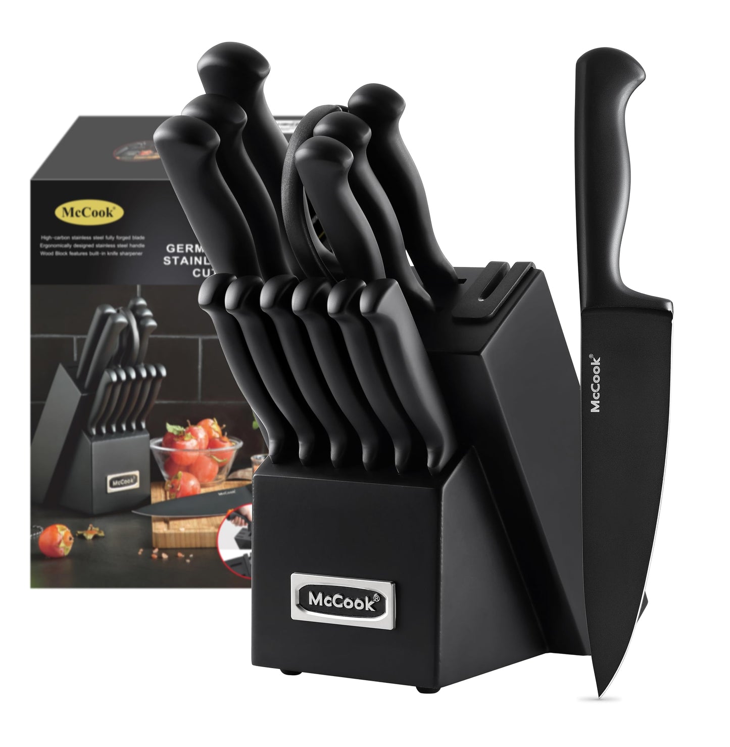 McCook® Knife Sets, Golden Titanium Stainless Steel Kitchen Knife Block Sets with Built-in Sharpener