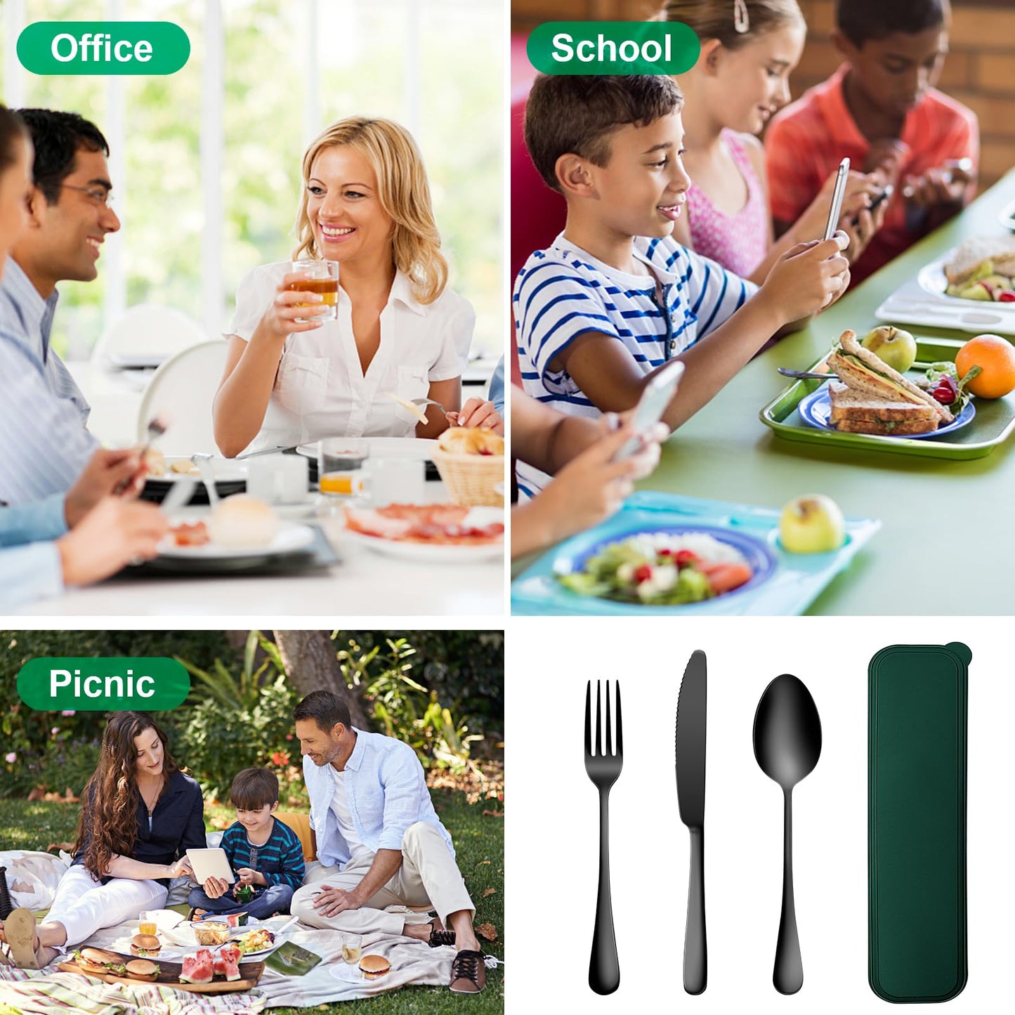 Portable Travel Utensils Set, 18/8 Stainless Steel 3 PCS Cutlery Set Including Knife Fork and Spoon, Reusable Travel Silverware Set with Case for Lunch Box Camping School Office