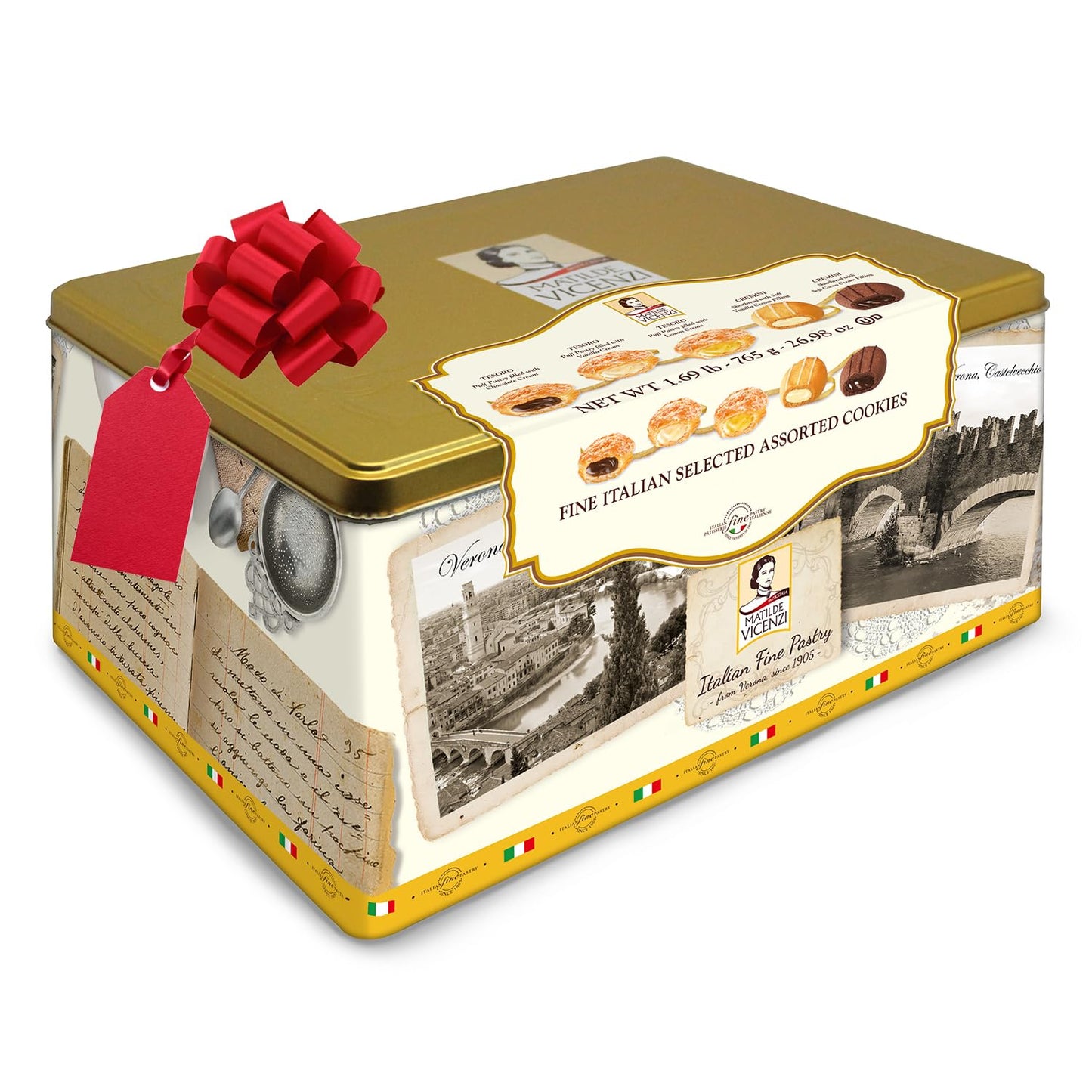 Matilde Vicenzi Roma Cookie Tin - Italian Pastries & Bakery Cookies in Individually Wrapped Trays - Bakery Dessert Gifts - Puff Pastry, Assorted Cookies in Italian Design Gift Tin 32oz (907g)