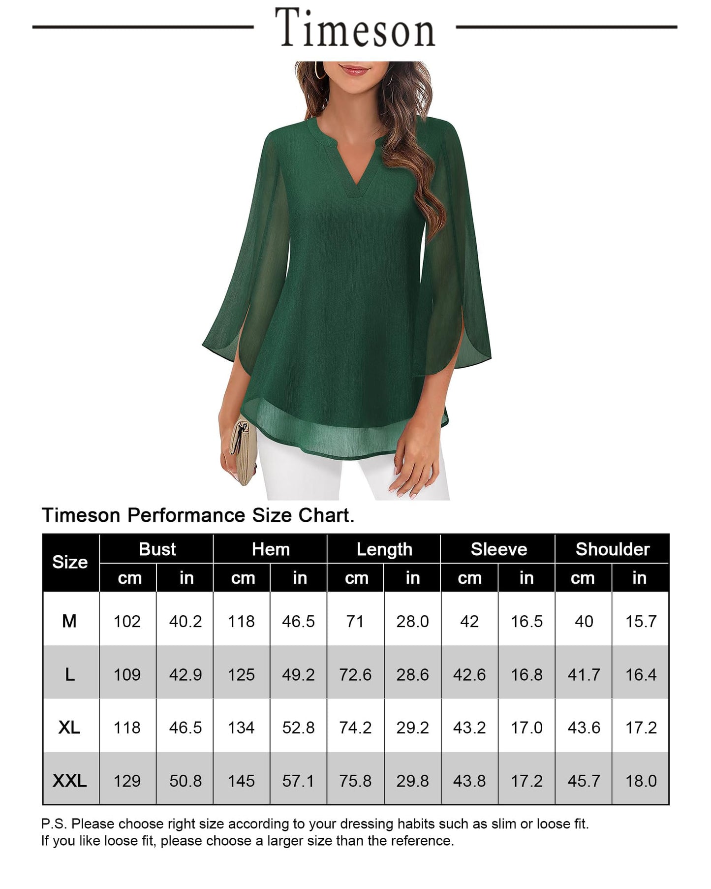 Timeson Women's 3/4 Sleeve Chiffon Blouse Shirt V Neck Dressy Tunic Tops