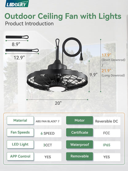 Outdoor Hanging Ceiling Fan with Light – 3CCT, 6-Speed, IP65