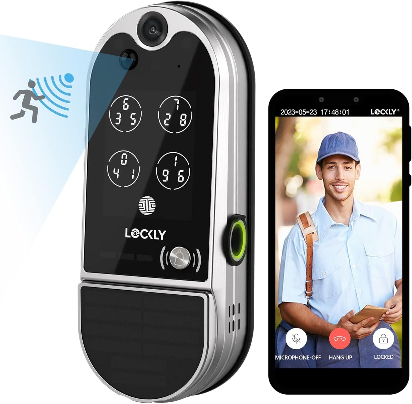 Lockly Vision Elite - Serrure intelligente vidéo WiFi avec caméra de vision nocturne, capteur de mouvement, empreinte digitale biométrique, commande vocale, télécommande par application, sonnette, panneau solaire, clavier numérique, nickel satiné 